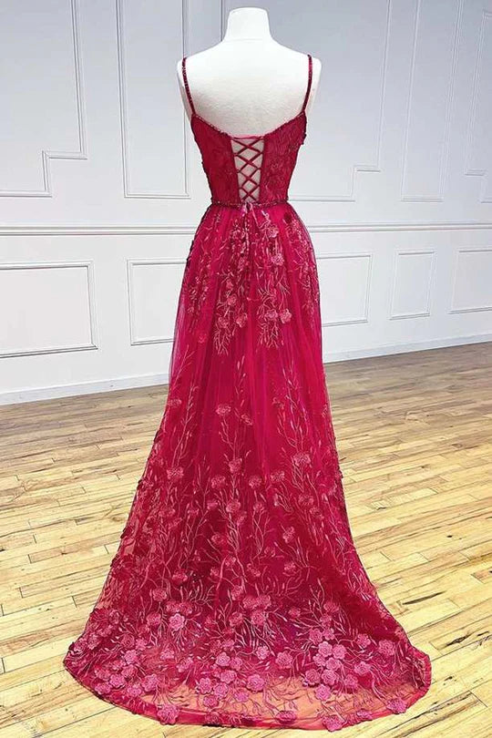 Vestido de fiesta con escote en V, encaje floral y corte A